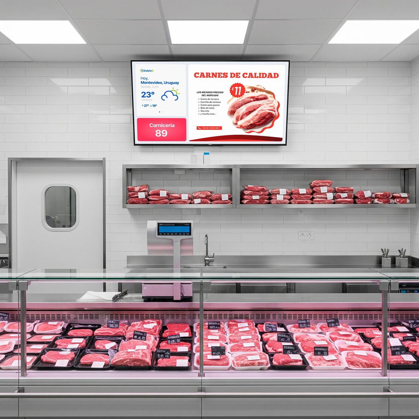 Sistema de turnos DobleD mostrando productos elaborados en una carnicería