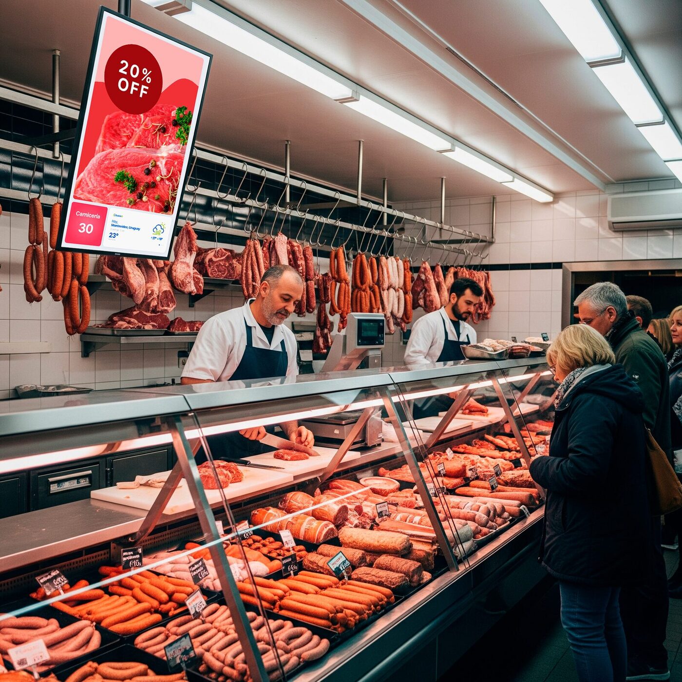 Cartelería digital promocionando ofertas de asado en una carnicería