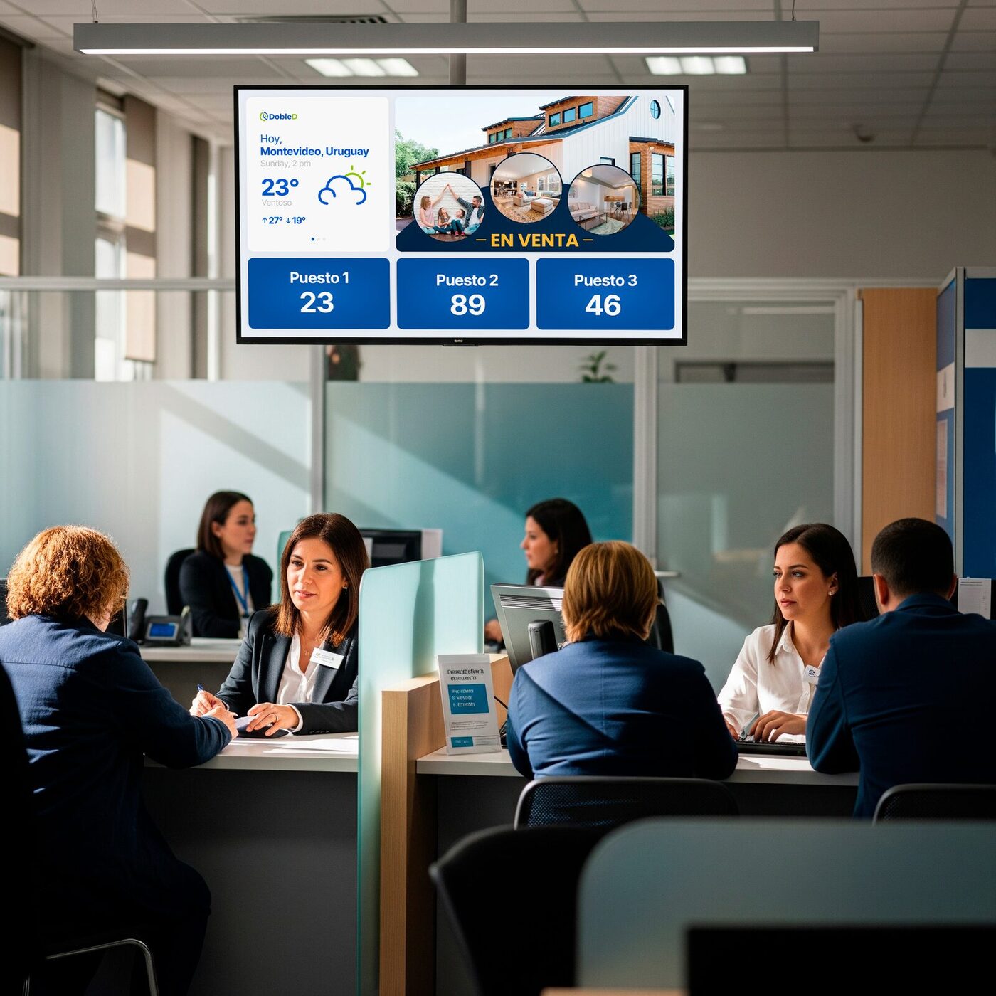 Pantalla de cartelería digital mostrando promociones bancarias en una oficina