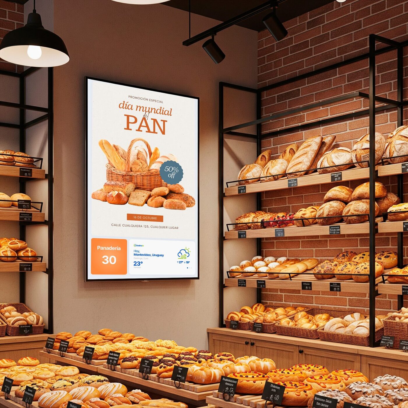 Cliente observa promociones de una panadería en pantalla de cartelería digital