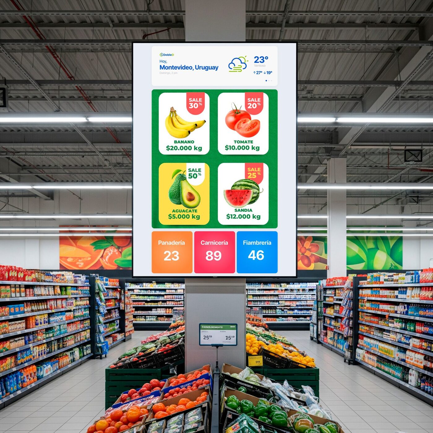 Gerente de supermercado usando el gestor de DobleD para una oferta flash